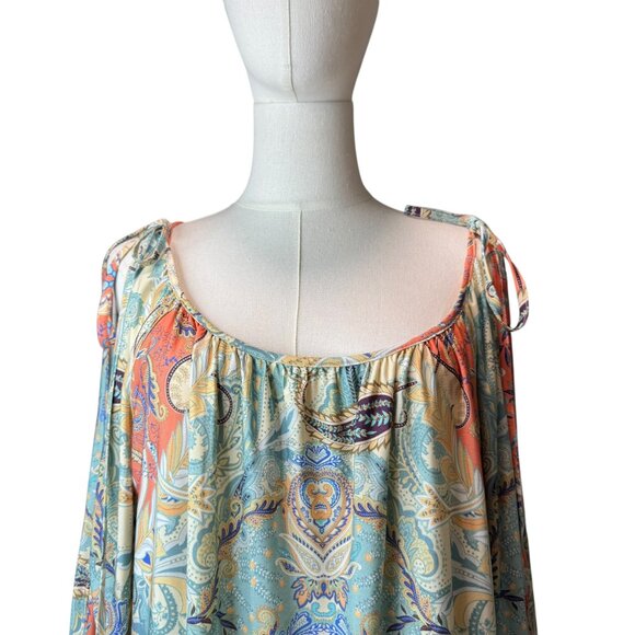 Boston Proper Boho Paisley Off Shoulder Peasant Blouse L Long Sleeve Tie Strap - Picture 6 of 7